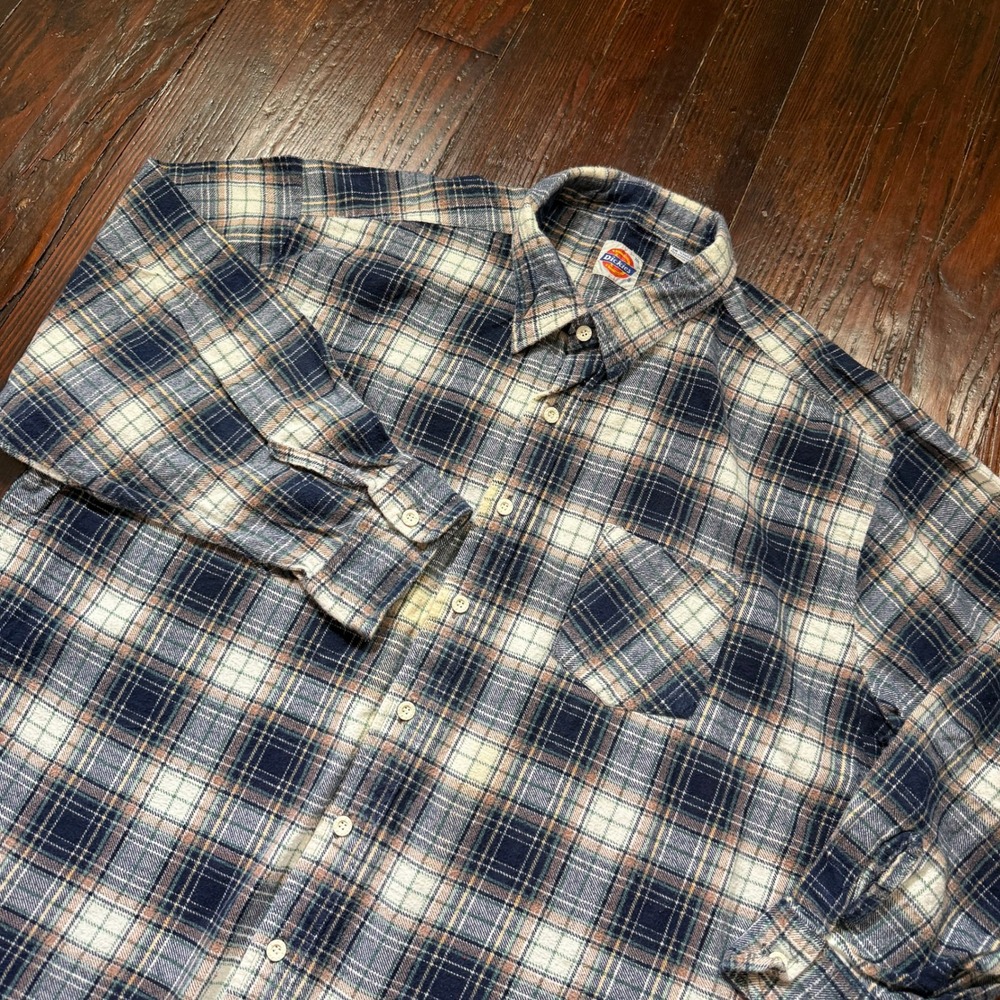 Vintage 90s Dickies Flannel Shirt Mens 2XL Blue Plaid Workwear Hong Kong